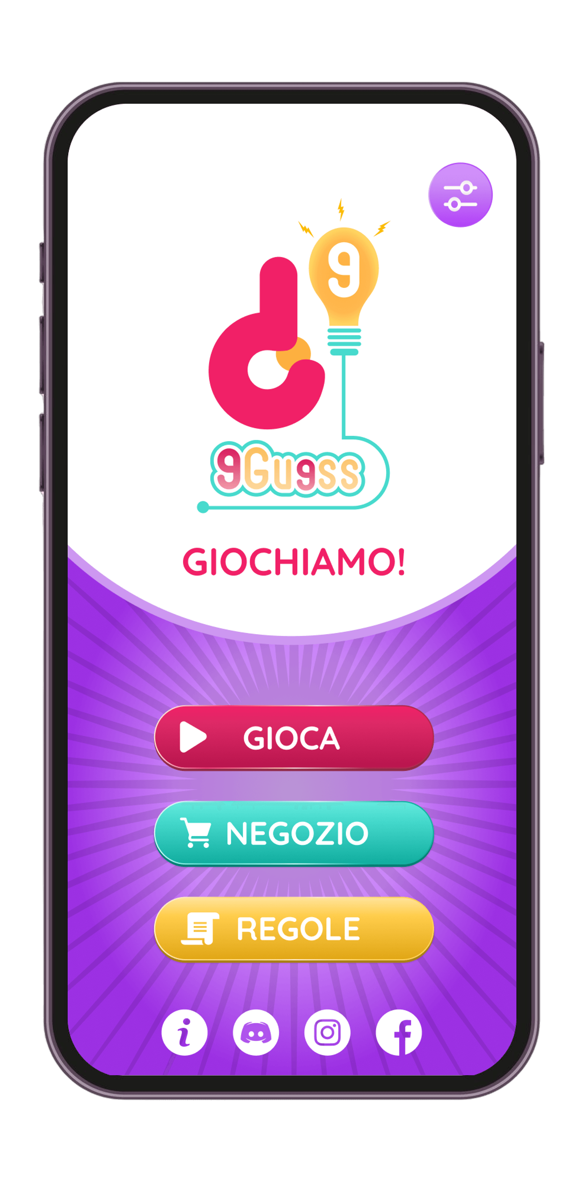 Menu principale di 9Guess con i pulsanti Gioca, Negozio e Regole