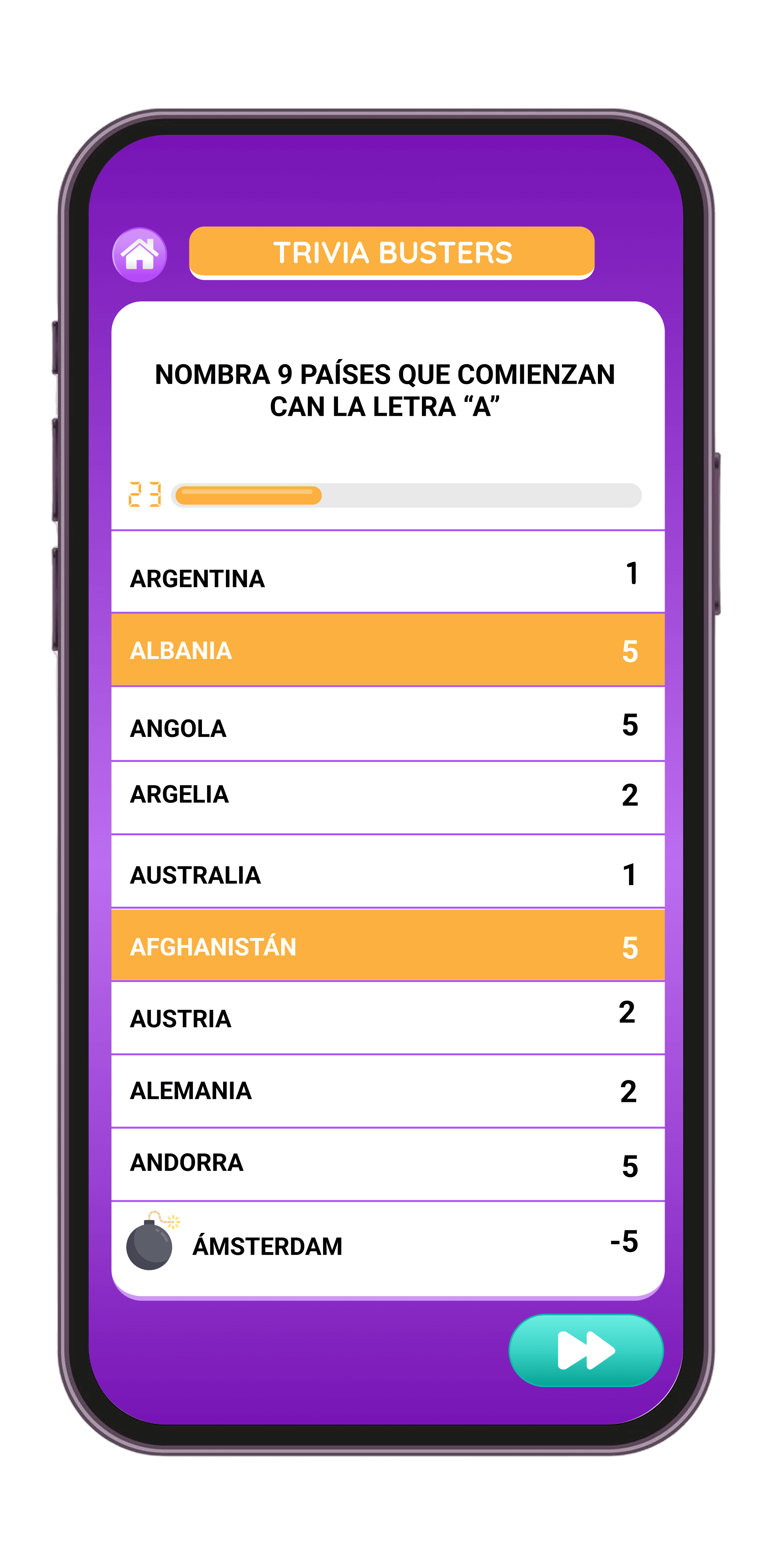 Pantalla de pregunta: nombra 9 países que empiezan por la letra «A»