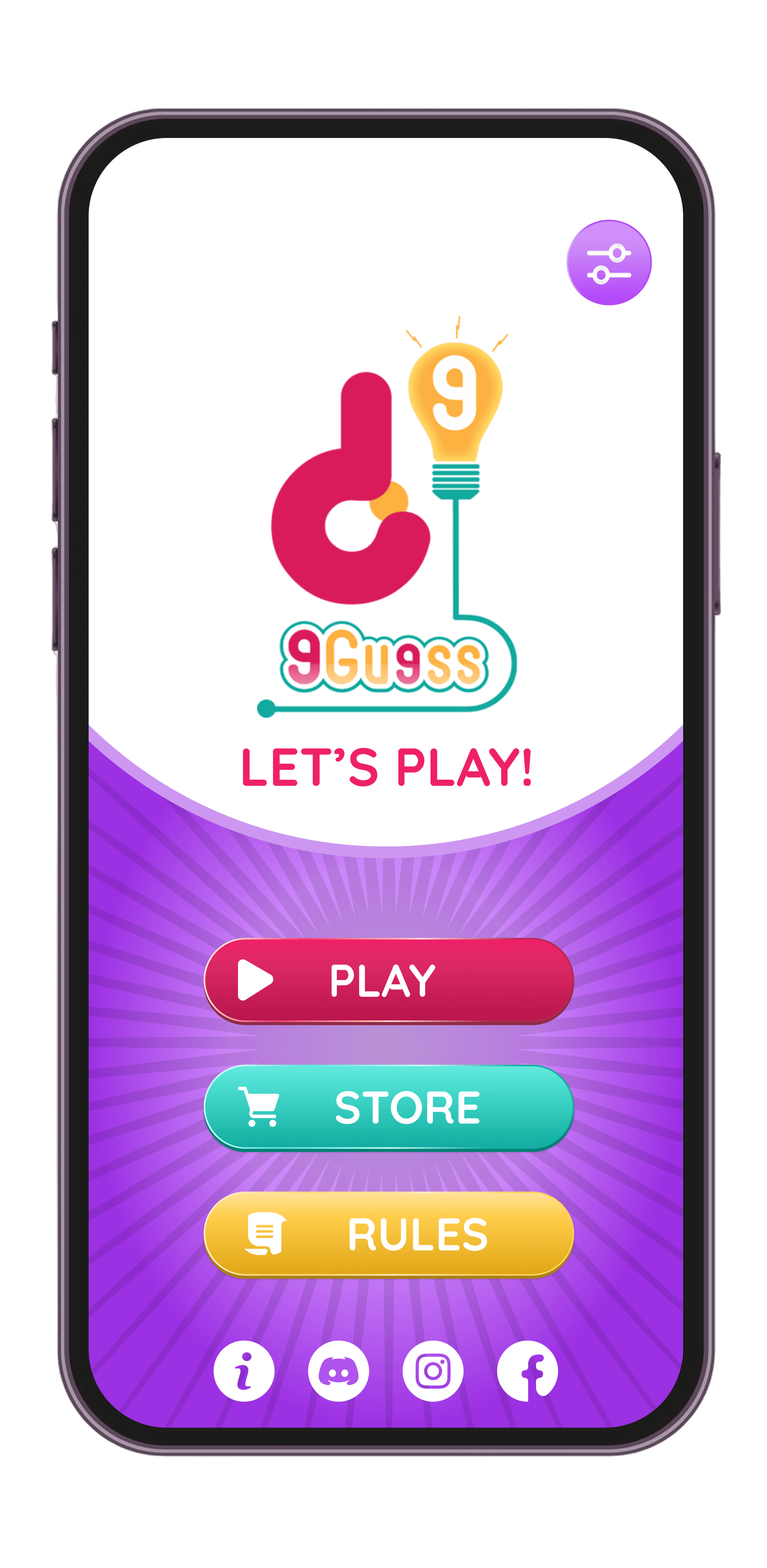 9Guess main menu with the Play, Store and Rules buttons